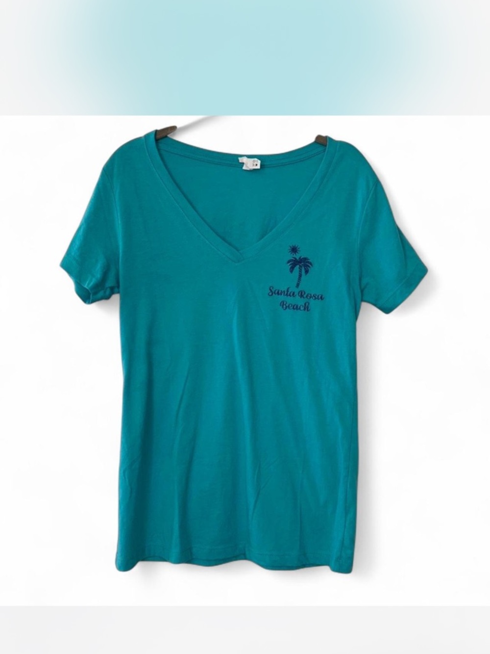 Beachy Comfy Santa Rosa Beach Teal V-Neck Tee Size M
